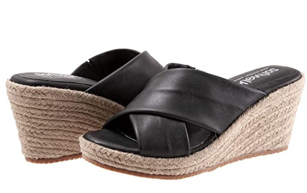 SoftWalk Womens Halsey Wedge Sandal Size 7.5 NARROW Black Leather Espadrille NIB